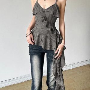 2024 Y2K Aesthetic Grunge Backless Camisole with Irregular Ruffles - Vintage Solid Tank Top