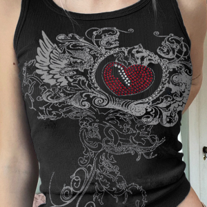 2024 Y2K Aesthetic Hotfix Rhinestone Crew Neck Ethnic Tank Top for Trendy Outfits