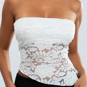 2024 Y2K Aesthetic Lace Floral Bustier Crop Top with Irregular Hem - Sexy Summer Fashion