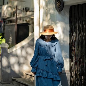 2024 Y2K Aesthetic Long Blue Dress with Irregular Ruffles and Full Sleeves for Women