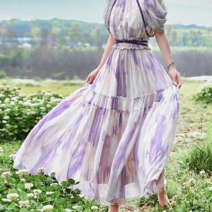 2024 Y2K Aesthetic Long Maxi Dress with Ruffles, Short Sleeves, and Elastic Waist for Women