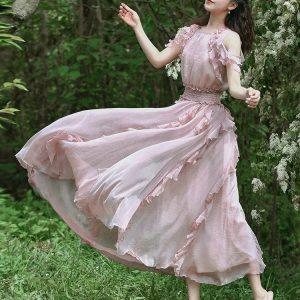 2024 Y2K Aesthetic Long Maxi Dress with Ruffles, Sleeveless Chiffon, and Big Hem in Pink