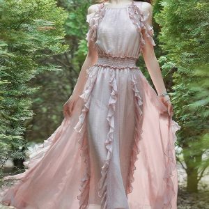 2024 Y2K Aesthetic Long Maxi Dress with Ruffles, Sleeveless Chiffon, and Big Hem in Pink