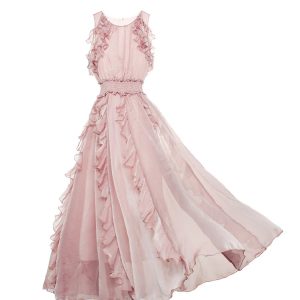 2024 Y2K Aesthetic Long Maxi Dress with Ruffles, Sleeveless Chiffon, and Big Hem in Pink