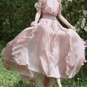 2024 Y2K Aesthetic Long Maxi Dress with Ruffles, Sleeveless Chiffon, and Big Hem in Pink