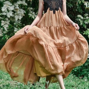 2024 Y2K Aesthetic Long Maxi Summer Dress with Embroidery and Big Hem for Women