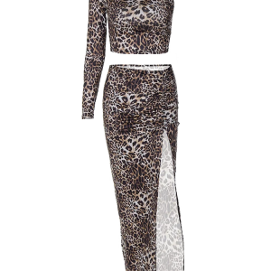 2024 Y2K Aesthetic Matching Suit: Slant Collar Leopard Print Crop Top & Bodycon Maxi Skirt