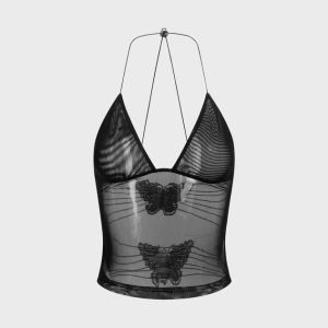 2024 Y2K Aesthetic Mesh Backless Halter Butterfly Cami Top for Trendy Outfits