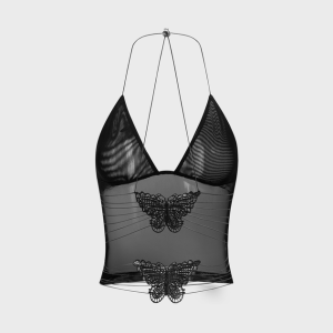 2024 Y2K Aesthetic Mesh Backless Halter Butterfly Cami Top for Trendy Outfits