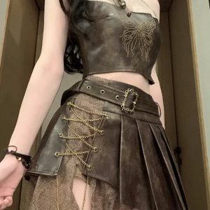 2024 Y2K Aesthetic Sleeveless Lace Top with High Waist Irregular Splicing for Retro Vibes