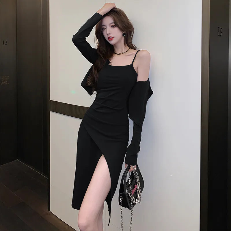 2024 Y2K Aesthetic Solid Midi Dress for Women - Long Sleeve Square Neck Office Chic