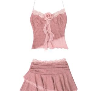 2024 Y2K Aesthetic Sweet Hot Girl Two-Piece Set: Slim Fit Camisole & High Waist Mini Skirt