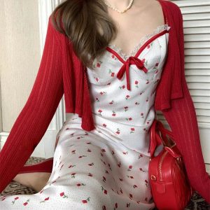 2024 Y2K Aesthetic Sweet Sexy 2-Piece Dress Set: Red Cardigan & Sleeveless Midi Dress