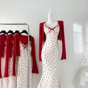 2024 Y2K Aesthetic Sweet Sexy 2-Piece Dress Set: Red Cardigan & Sleeveless Midi Dress