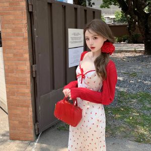 2024 Y2K Aesthetic Sweet Sexy 2-Piece Dress Set: Red Cardigan & Sleeveless Midi Dress