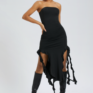 2024 Y2K Balletcore Black Ruffled Tube Midi Dress - Chic Coquette Aesthetic Fashion