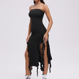 2024 Y2K Balletcore Black Ruffled Tube Midi Dress - Chic Coquette Aesthetic Fashion