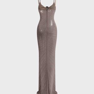 2024 Y2K Body Print Hotfix Rhinestone Spaghetti Strap Sleeveless Maxi Dress for Aesthetic Style