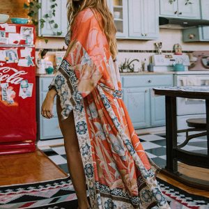 2024 Y2K Boho Print Kimono Dress - Self-Belted Front Open Beach Cover-Up for Women