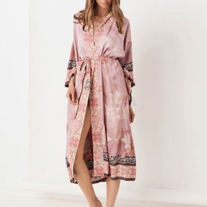 2024 Y2K Boho Print Kimono Dress - Self-Belted Front Open Beach Cover-Up for Women