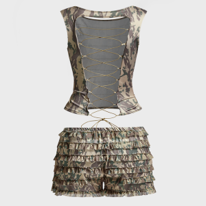 2024 Y2K Camo Two-Piece Set: Trendy Top & Pants for Coquette and Grunge Aesthetic Lovers