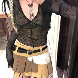 2024 Y2K Coquette Aesthetic Mesh T-Shirt with Lace Bow, Vintage V-Neck Cropped Long Sleeve Top