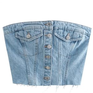 2024 Y2K Denim Off-Shoulder Cropped Tank Top with Button-Up Bustier Corset Style