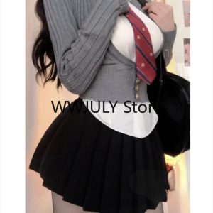 2024 Y2K Fashion 3-Piece Set: Grey Slim Knitted Sweater, Black Bodycon Mini Skirt, College Style