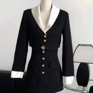 2024 Y2K Fashion Elegant Black Blazer and Mini Skirt Set with Crop Top for Office Style