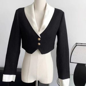 2024 Y2K Fashion Elegant Black Blazer and Mini Skirt Set with Crop Top for Office Style