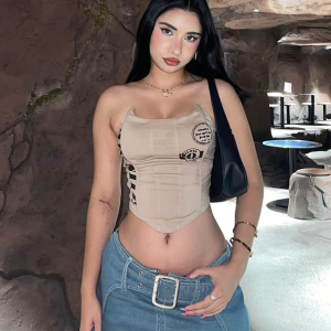 2024 Y2K Fashion Khaki Tube Top with Letter Print - Trendy Women’s Aesthetic Top