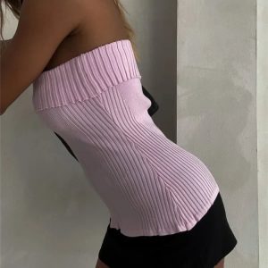 2024 Y2K Fashion Knitted Ribbed Backless Off Shoulder Crop Top for Casual Streetwear Style