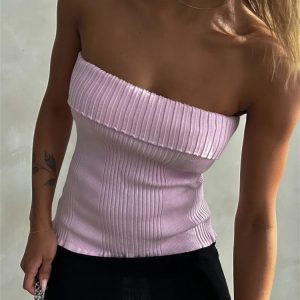 2024 Y2K Fashion Knitted Ribbed Backless Off Shoulder Crop Top for Casual Streetwear Style