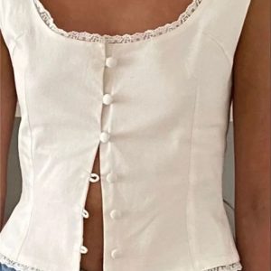 2024 Y2K Fashion Low Cut O-neck Tank with Elegant Button-Up Lace Patchwork Crop Top