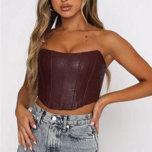 2024 Y2K Fashion PU Leather Tube Bustier Corset Off Shoulder Bodycon Crop Top