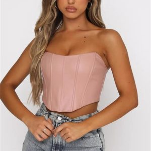 2024 Y2K Fashion PU Leather Tube Bustier Corset Off Shoulder Bodycon Crop Top