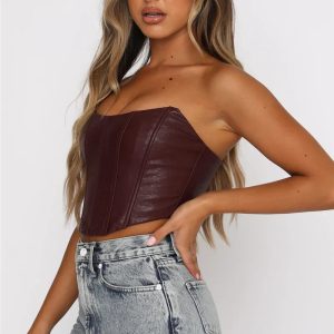 2024 Y2K Fashion PU Leather Tube Bustier Corset Off Shoulder Bodycon Crop Top