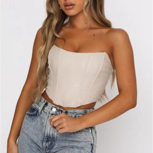 2024 Y2K Fashion PU Leather Tube Bustier Corset Off Shoulder Bodycon Crop Top