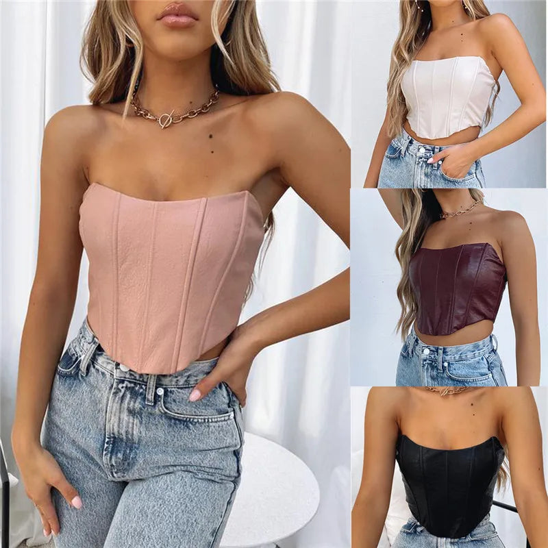 2024 Y2K Fashion PU Leather Tube Bustier Corset Off Shoulder Bodycon Crop Top