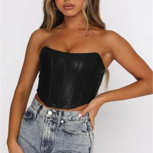 2024 Y2K Fashion PU Leather Tube Bustier Corset Off Shoulder Bodycon Crop Top