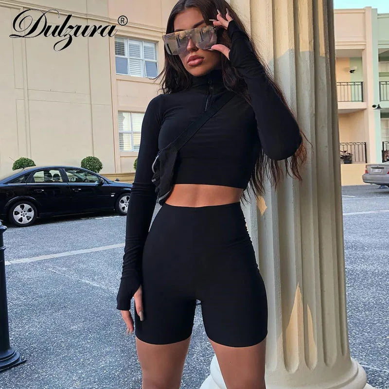 2024 Y2K Fashion Sexy Long Sleeve Zipper Crop Top & High Waist Stretch Shorts Set