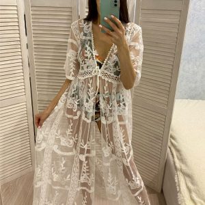 2024 Y2K Fashion Sexy See-Through White Lace Tunic Kimono Cardigan for Beachwear Q959