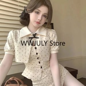 2024 Y2K Fashion Sweet Hot Girl Dot Suit: Bow Short-Sleeve Jacket & Mini Skirt Set