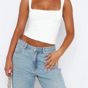 2024 Y2K Fashion Wide Strap Camisole - Solid Sleeveless Square Neck Crop Top for Summer Streetwear