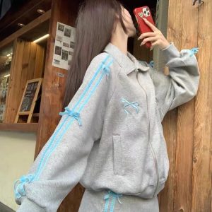 2024 Y2K Fashion Zipper Bow Embroidery Fleece Hoodie & Skirt Set for Trendy Women