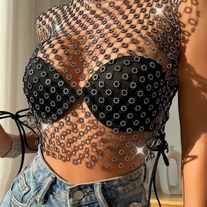 2024 Y2K Fishnet Hollow Out Rhinestones Sleeveless Mini Beach Cover-Up Crop Top