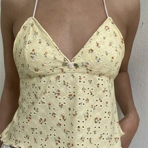 2024 Y2K Floral Embroidery Lace Halter Backless Mini Vest Crop Top for Summer Aesthetic