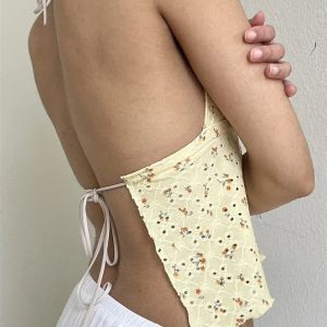 2024 Y2K Floral Embroidery Lace Halter Backless Mini Vest Crop Top for Summer Aesthetic