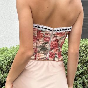 2024 Y2K Floral Print Lace Trim Off Shoulder Slim Tank Top for Party Streetwear Aesthetic