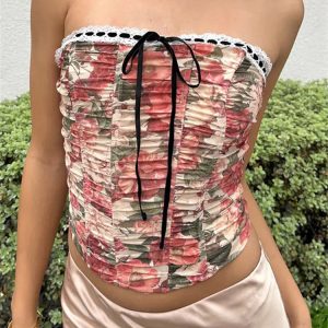 2024 Y2K Floral Print Lace Trim Off Shoulder Slim Tank Top for Party Streetwear Aesthetic